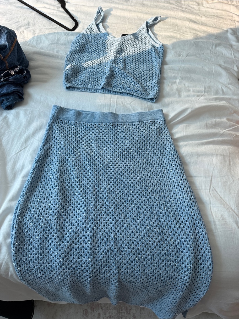 Mango Light Blue Crochet Knit Swim Coverup Set
